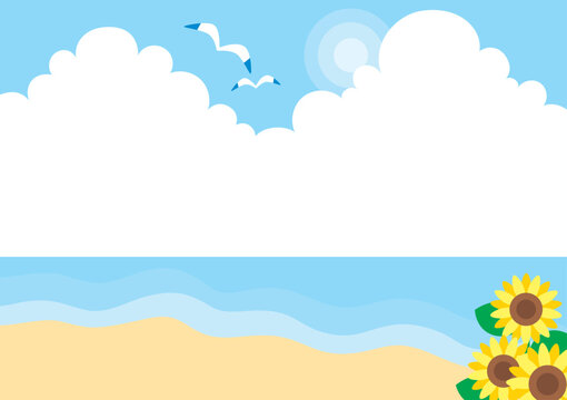 爽やかで穏やかな夏の砂浜のイラスト　可愛い　シンプル　海　背景　コピースペース　入道雲　ヒマワリ