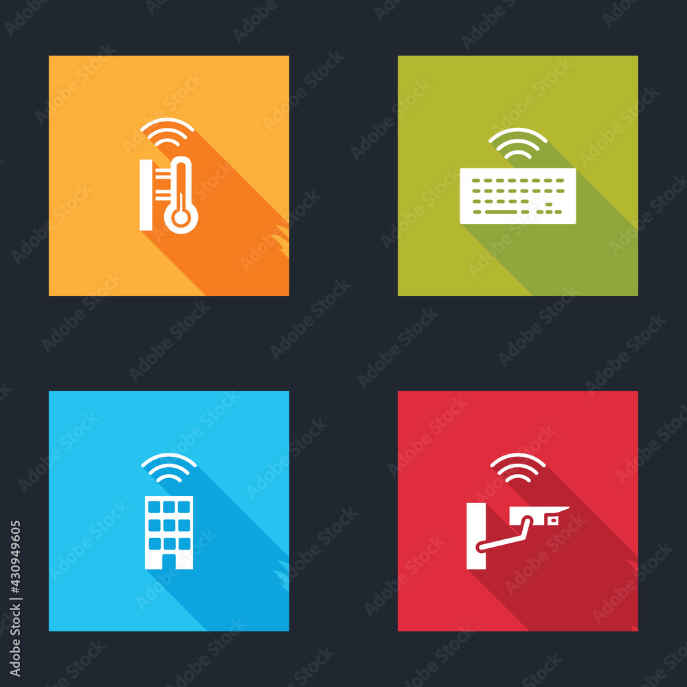 Poster set smart thermometer, wireless keyboard, home with wireless and security camera icon. vector