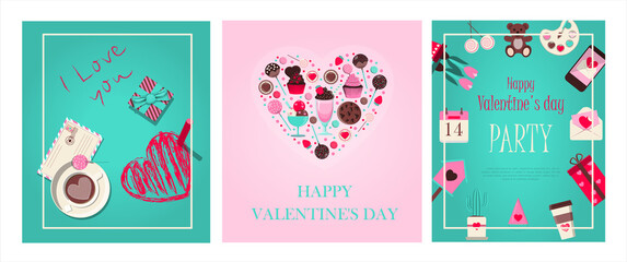 Set cards for valentine s day. Romantic picture in pink, turquoise and red. A music store with records and songs for the holiday of all lovers. Vector illustration for the app, website and advertising