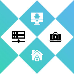 Set Server, Data, Web Hosting, House under protection, Monitor with exclamation mark and Laptop and lock icon. Vector