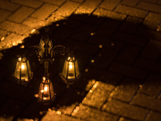 雨上がりの夜景　街灯リフレクション