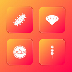 Set Sea cucumber, Scallop sea shell, Served fish on plate and Takoyaki stick icon. Vector