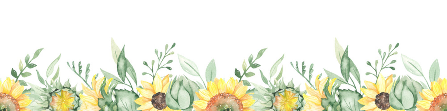 Watercolor seamless border with sunflower flowers, bud, leaves, branches, foliage