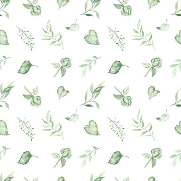 Watercolor seamless pattern with green foliage, twigs, leaves, sunflower buds, berries on a white background