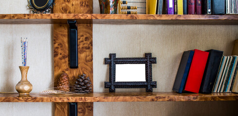 bookshelf with handmade photo frame