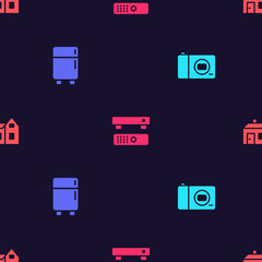 Set Photo camera, Refrigerator, Multimedia and TV box and House on seamless pattern. Vector