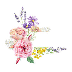 Watercolor wild flowers border, summer banner with wildflowers. Garden meadow flower logo design. Peonies, branches, cornflower, twigs, foliage for wedding invite. Botanical illustration.