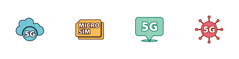 Set Cloud 5G network, Micro Sim Card, Location and icon. Vector