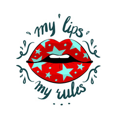 Red lips with blue stars and lettering