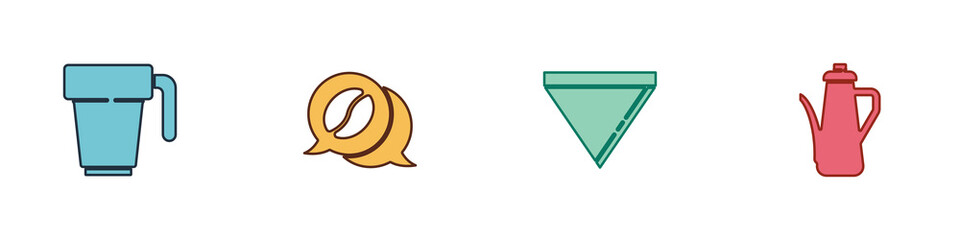 Set Coffee cup, and conversation, paper filter and Teapot icon. Vector