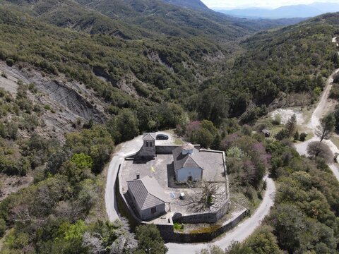 Aerial view of agios athanasios ancient monastery of vavouri village near tsamanta in filiates, thesprotia, epirus, greece
