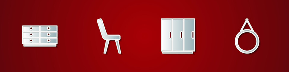 Set Chest of drawers, Armchair, Wardrobe and Mirror icon. Vector
