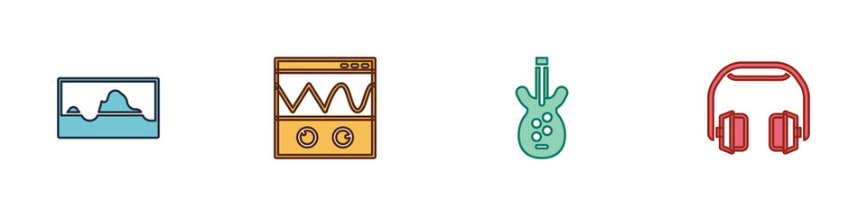 Set Music wave equalizer, Oscilloscope, Electric bass guitar and Headphones icon. Vector