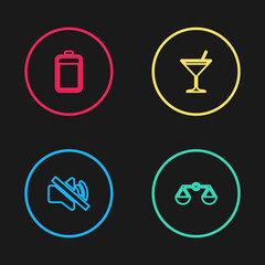 Set line Speaker mute, Scales of justice, Martini glass and Battery icon. Vector