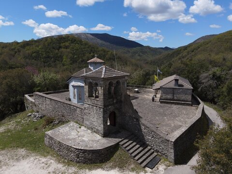 Aerial view of agios athanasios ancient monastery of vavouri village near tsamanta in filiates, thesprotia, epirus, greece