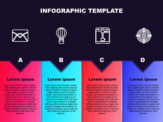 Set line Envelope with Valentine heart, Hot air balloon, Coffee machine and cup and Target dollar. Business infographic template. Vector