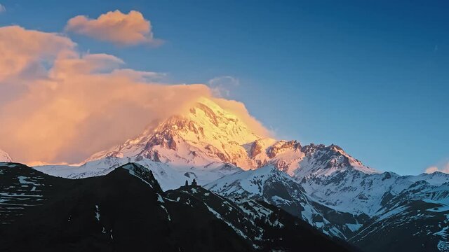 Hyperlapse of morning sunrise on Kazbek mountain