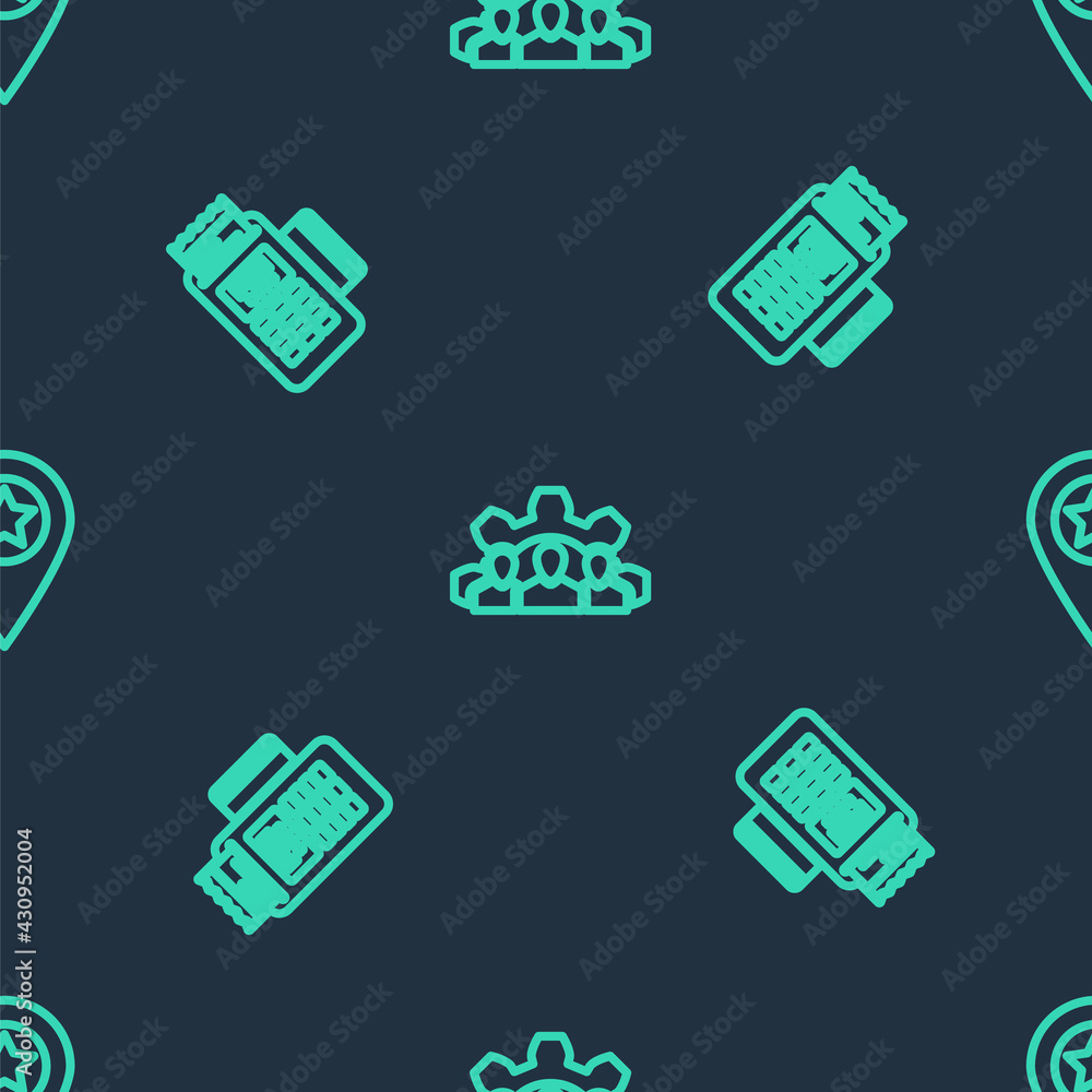 Poster set line project team base, pos terminal and location with star on seamless pattern. vector