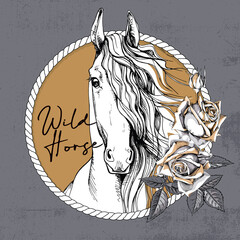 Portrait of a Horse and Rose flowers, bud and leaves in a cord frame. T-shirt composition, hand drawn style print. Vector illustration.