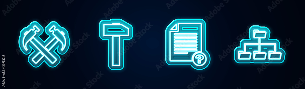 Poster set line two crossed hammers, hammer, unknown document and folder tree. glowing neon icon. vector