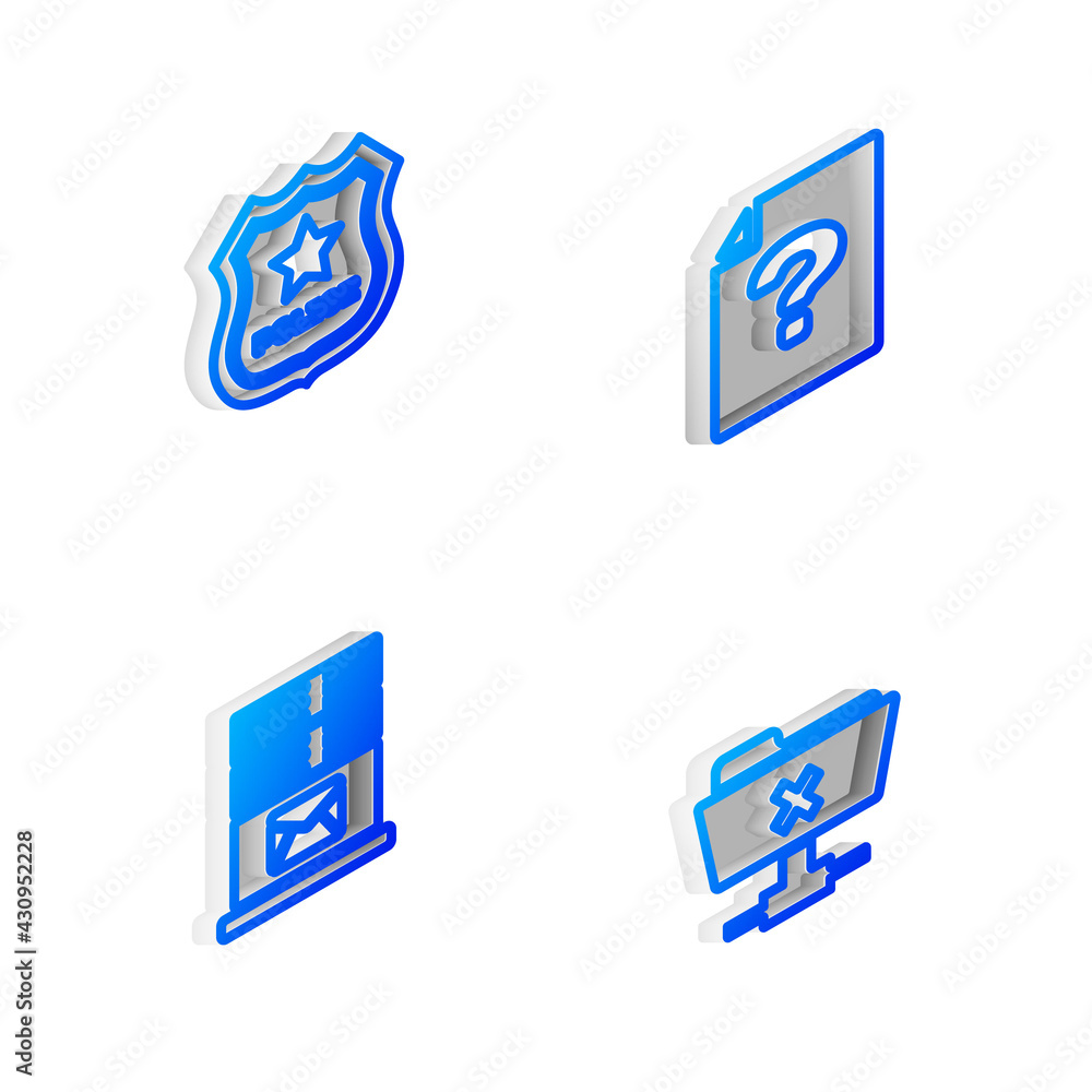 Poster set isometric line unknown document, police badge, mail server and ftp cancel operation icon. vector