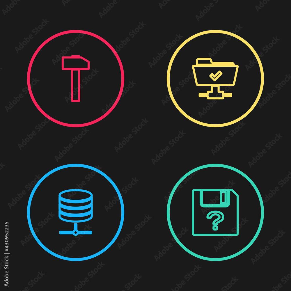 Poster set line server, data, web hosting, unknown document, ftp operation successful and hammer icon. vect
