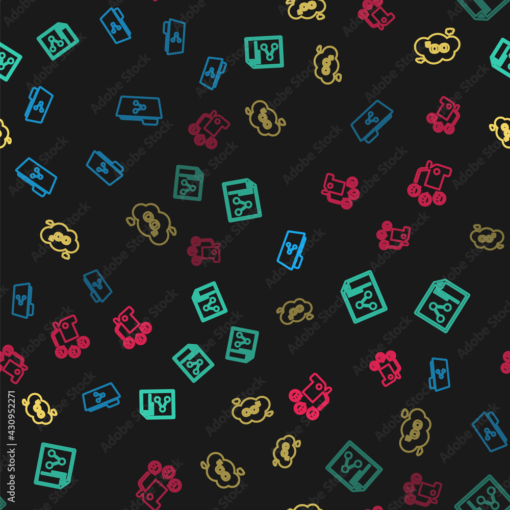 Poster set line share folder, file, co2 emissions in cloud and car sharing on seamless pattern. vector