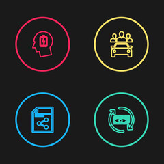 Set line Share file, Refund money, Car sharing and Head with low battery icon. Vector