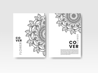 Vintage card with flowers on background. Book cover with flower texture. Black lines on white background. Vector illustration.