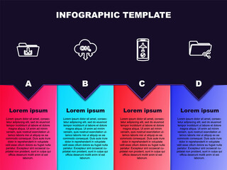 Set line Folder download, Methane emissions reduction, Flight mode in the mobile and Share folder. Business infographic template. Vector
