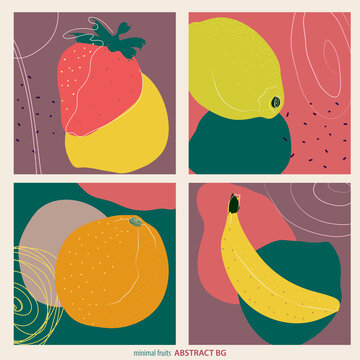 Minimal art fruits backgrounds set in flat style and funky colors with strawberry, banana, lemon and orange.  Yellow, pinks and turquoise colors with geometric hand drawn shapes in boho style. Vector 