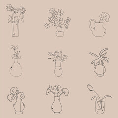 Collage of nine flowers in vases. Set of hand drawn plants, leaves, dots, flowers. Minimalistic one line sketches. Icons for social networks, cover design, interiors, advertisements, backgrounds.