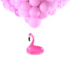 Pink inflatable flamingo and air flying balloons isolated on white background. 3D rendering.