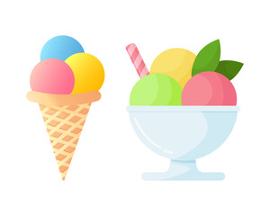 Three spoonfuls of ice cream in bowl, garnished with mint leaves. Strawberry, pistachio, vanilla ice cream in waffle cone. Flat vector illustration isolated on white background. Simple ice cream icon