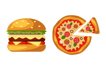 Pizza with slice, with tomatoes, olives, sausage, cheese. Burger icon with cheese, salad, sesame bun. Hamburger, cheeseburger, pizza, fast street food concept. Vector illustration on white background