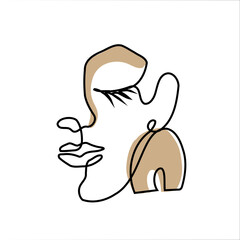 Woman's Face in Statement Earring - Line Drawing Vector. Abstract linear portrait of a woman with a rainbow-shaped earring (arch) in scandi style. Logo for a handmade jewelry shop