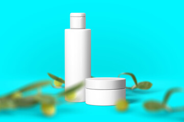 Cosmetics product presentation. cream color wall scene with rock and olive leaf. Minimal geometric shape. fashion magazine illustration. 3d render illustration.