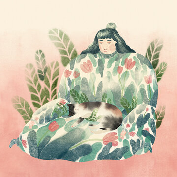 Girl in floral dress as armchair for sleeping cat