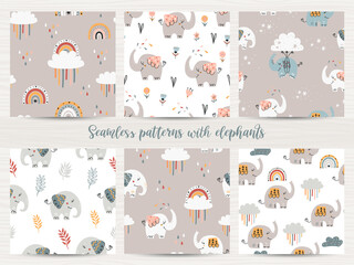 Set of seamless patterns with elephants.