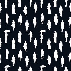 Black and white monochrome seamless pattern with silhouettes of many walking and standing people in warm clothes. On black background.