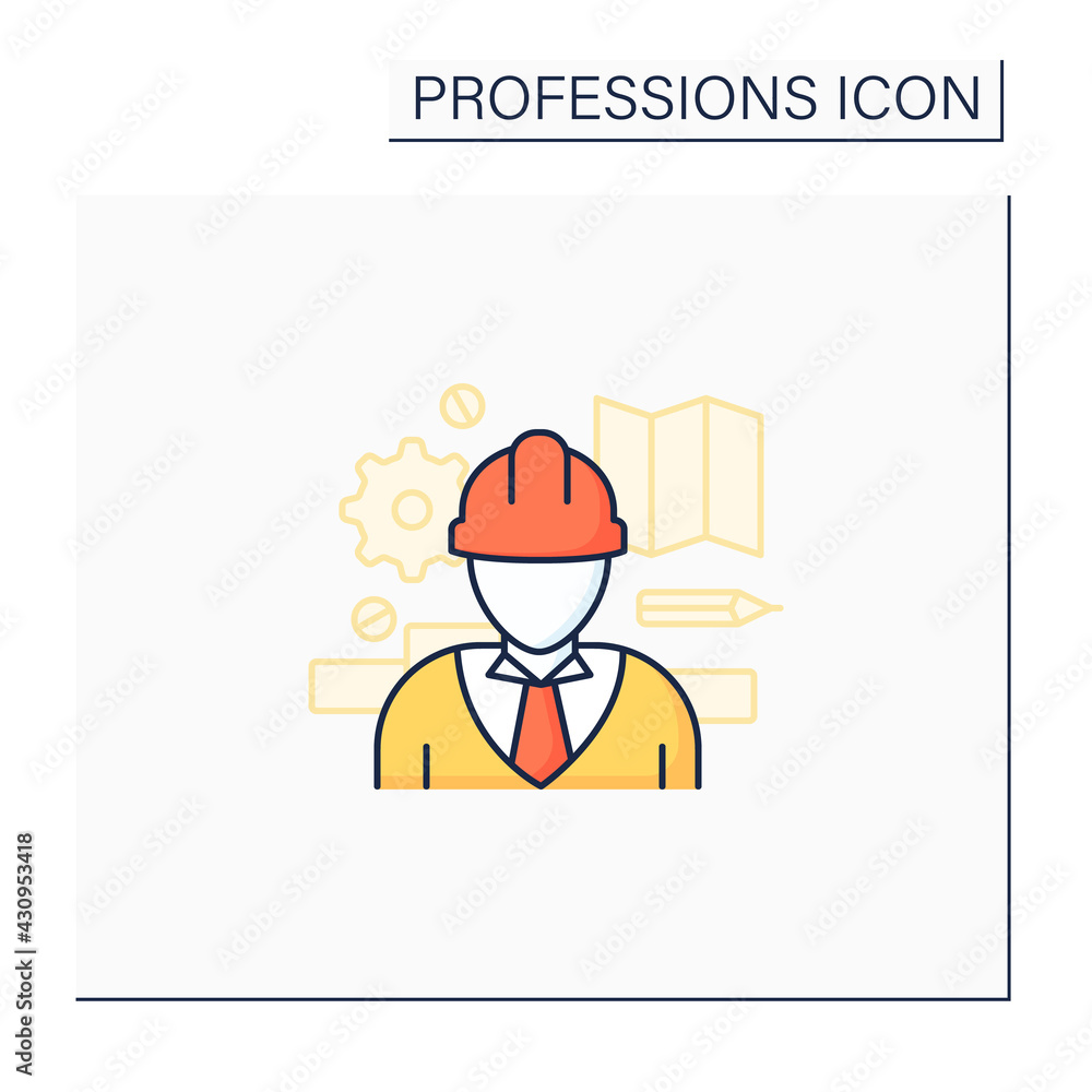 Poster engineer color icon. man design, construct, maintain engines and machines. important job.professions