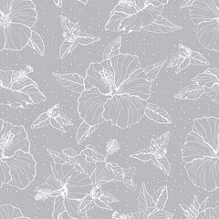 Seamless pattern with line art blue and yellow hibiscus flowers, buds and leaves, with white outline. On gray background. Stock vector illustration.