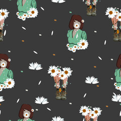 Summer background of a girl with a chamomile in her mouth with a bouquet, legs in boots from which small summer flowers and hands stick out. Daisy petals and halves are scattered on a gray background.