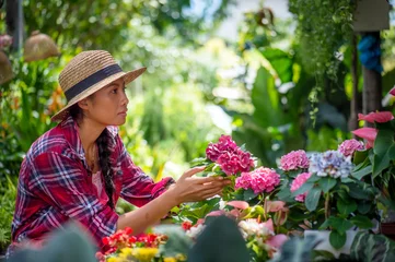 Foto op Canvas Young Asian woman caring for plants in a small garden . Holding a potted white hydrangea plant watering flower pots. Sitting on knees in the walkway between plants. Lifestyle joy happy freedom day. © 15Studio