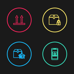 Set line Plane and cardboard box, Mobile with app tracking, Locked package and This side up icon. Vector
