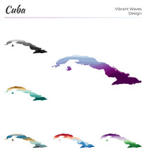 Set of vector maps of Cuba. Vibrant waves design. Bright map of country in geometric smooth curves style. Multicolored Cuba map for your design. Vibrant vector illustration.