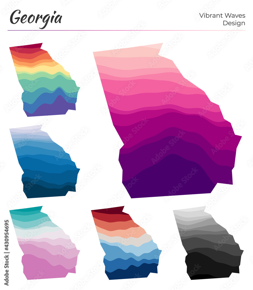 Aufkleber set of vector maps of georgia. vibrant waves design. bright map of us state in geometric smooth curv