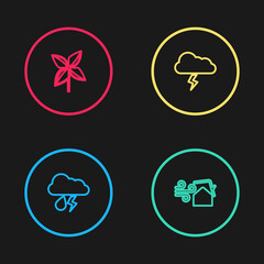 Set line Cloud with rain and lightning, Tornado swirl, Storm and Pinwheel icon. Vector