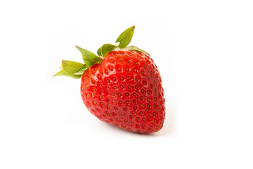 One strawberry with strawberry leaf on white background.