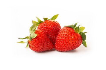 Three strawberries with strawberry leaf on white background.